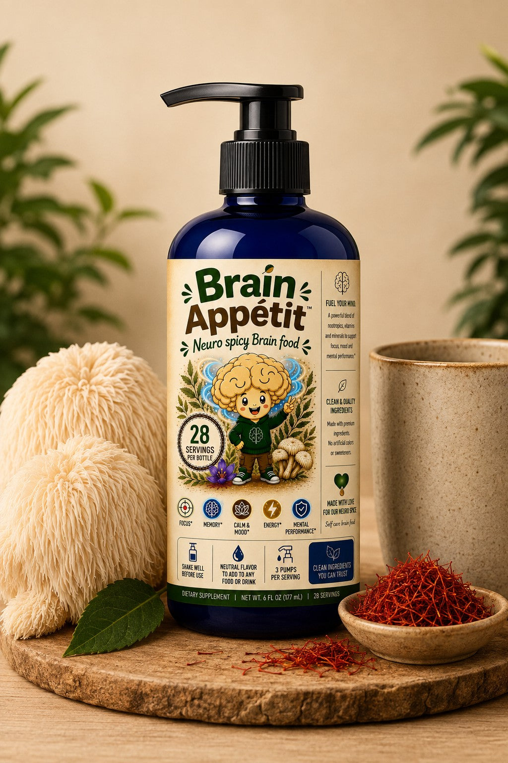 Brain Appetit daily liquid supplement with lion’s mane, saffron, and a ceramic cup